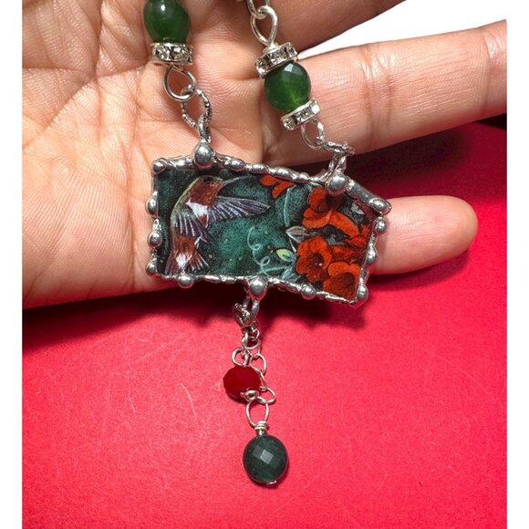 Lena Liu Hummingbird Broken China Pendant  Bezel Red & Green Quartz Necklace - Picture 11 of 15